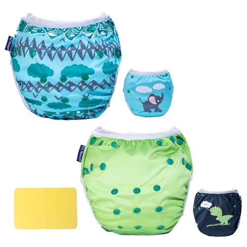 EZ Moms Baby Swim Diapers Reusable 2Pcs Snap One Size Adjustable Washable Newborn Infant Swim Diaper with a Shammy Towel for Baby Boy Water Diaper Waterproof Swimming Diapers for Swimming Lessons