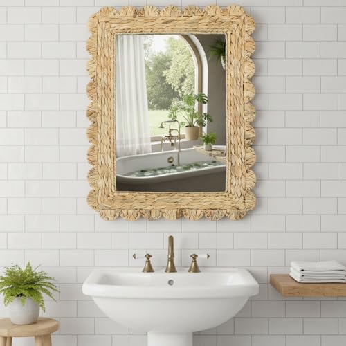 Image of 23 inch x 17 inch Scalloped Rattan Mirror Handwoven Water Hyacinth Wall Mirror Decorative Natural Water Hyacinth Wall Wavy Frame for Bathroom, Living Room, Entryway Decor