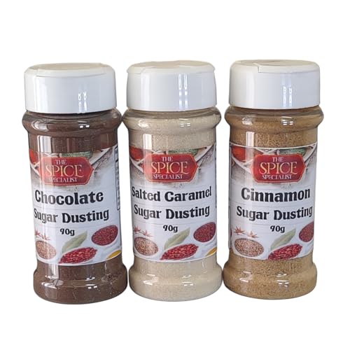 Hot Drinks Dusting Topper Flavouring Pack of 3, Chocolate, Cinnamon, Salted Caramel (3 x 90g)- Also for Popcorn flavouring, Cupcake Duster, Icing, baking by The Spice Specialist