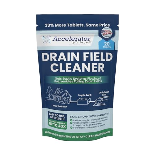 Accelerator by Dr. Pooper Drain Field Cleaner Tablets (20 Count) - Septic Tank Treatment for Clogs, Odor & Sludge - 90% Less Plastic - 10 Month Supply - Aerobic & Anaerobic Systems - Easy Flush