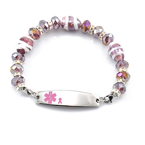 Medical ID Pink Ribbon Fuchsia Beaded Stainless Bracelet Lymphedema No BP IV (7.5, Right Arm)