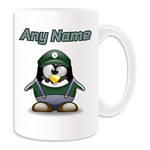 Personalised Gift - LARGE Luigi Mug (Penguin Video Game Character Costume Design White) Name Message Unique Silly Funny Novelty Superhero Hero Super Computer RPG Jumpman Bros Yoshi Mario Plumber