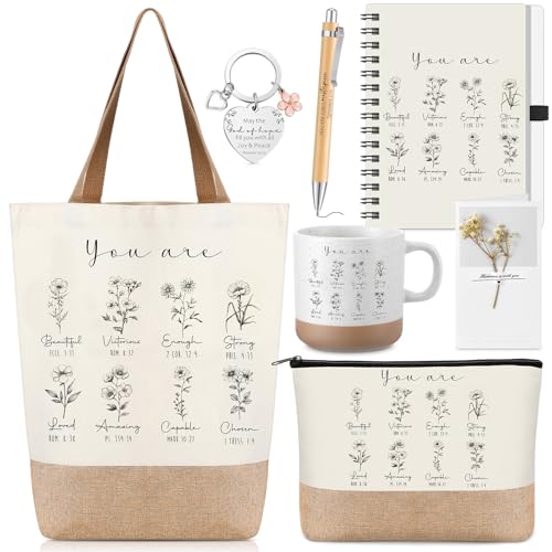 Suclain 7 Pcs Christian Religious Gifts, Spiral Notebook, Coffee Mug, Bible Bag, Ballpoint Pen, Makeup Bag, Inspirational Keychain for Women Easter Birthday Graduation Appreciation Gift(Christian)