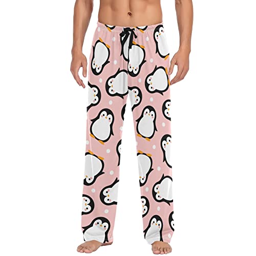 Cute Penguin Cartoon Pajama Pants Snowy Polka Dots Men's Pajama Bottoms Lounge Sleepwear PJs Lightweight Sleep Pants XXL