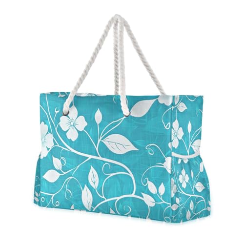 Flowers Blue Weekender Bag Women Waterproof Sandproof with side pockets Large Tote For Women for Pool Gym Grocery Travel