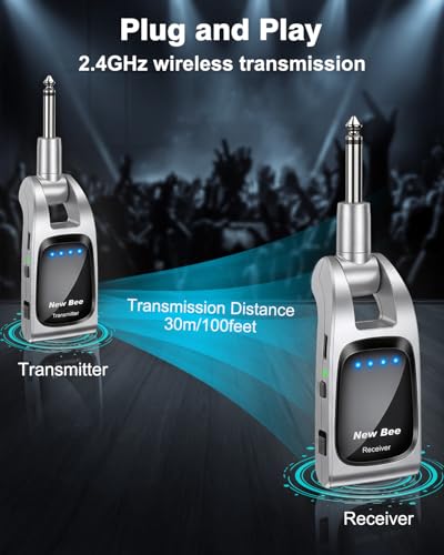 Image of Wireless Guitar System 2.4GHz with 6 Channels 24Bit /48KHz Hi-Res Audio Rechargeable Wireless Guitar Transmitter Receiver for Bass Active Pickup Electric Instruments(Silver)