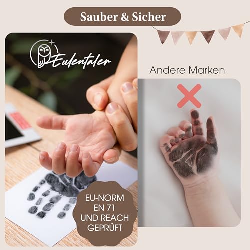 EULENTALER ® Das Baby Abdruckset I 0-6 Monate I Von Pädagogen empfohlen I Für Handabdruck, Fußabdruck & Pfotenabdruck I inkl. 2 Stempelkissen & 4 Abdruckkarten I Geschenk zur Geburt