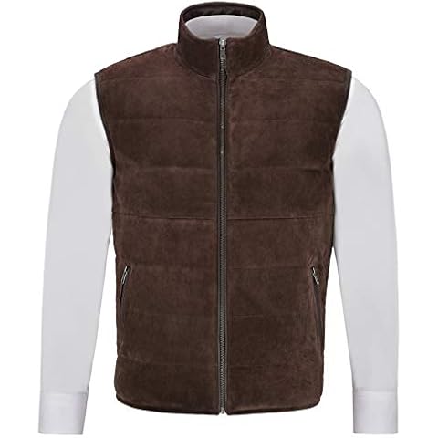 Men's Quilted Leather Waistcoat Brown Real Suede Leather Fashion Gilet Vest (2XL) Cover