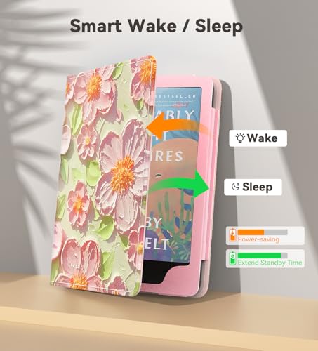 Image of MoKo Case for 7 inch /6.8 inch Kindle Paperwhite(12th /11th Gen-2024 /2021) and Kindle Colorsoft Signature Edition, Slim PU Shell Cover Case with Auto-Wake /Sleep for Kindle Paperwhite 2024, Peach Blossom