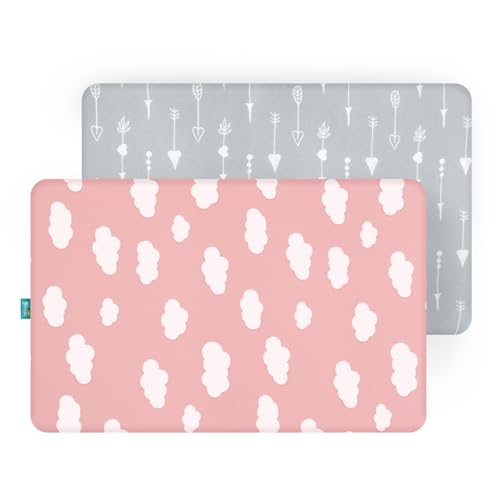 Image of Biloban Pack N Play Sheets Fitted, 2 Pack Portable Playard Pack and Play Sheet, Ultra Soft Mini Crib Sheets, Pink Cloud and Grey Arrowhead