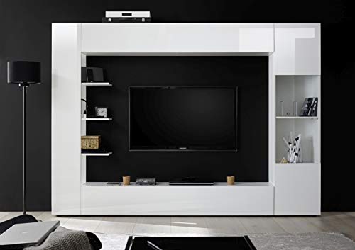 Web Convenienza Parete TV Attrezzata Collezione Sorano 3 A - Mobile Televisore in Legno con Ante a Ribalta Moderno - Color Bianco Lucido e Bianco Opaco