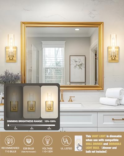 Image of Emak Wall Sconces Set of Two, Modern Brushed Gold Sconce with Clear Glass Shade, Bathroom Lighting Fixtures for Mirror, Living Room, Bedroom, Gallery, WS086-BGD-CG-2PK