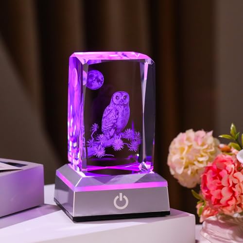 Image of 3D Laser Etched Crystal Owl Night Light - Color-Changing LED Base, K9 Crystal Paperweight & Home Decor Gift for Owl Lovers - 3.15inch