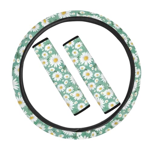 JOAIFO Universal Car Steering Wheel Cover and Seat Belt Shoulder Pads, 3 PCS Daisy Car Accessories for Women, Fit Most Cars,Truck SUV, Green