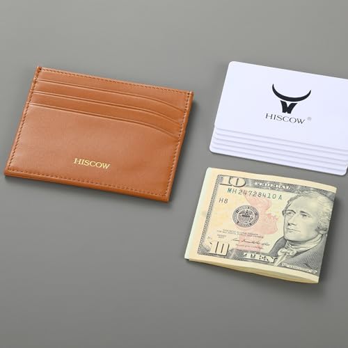 Image of HISCOW Slim Full Grain Leather Card Holder, Cognac | Men's minimalist EDC wallet, front pocket carry, 6 credit card slots & center pocket, fits folded bills, premium gift box