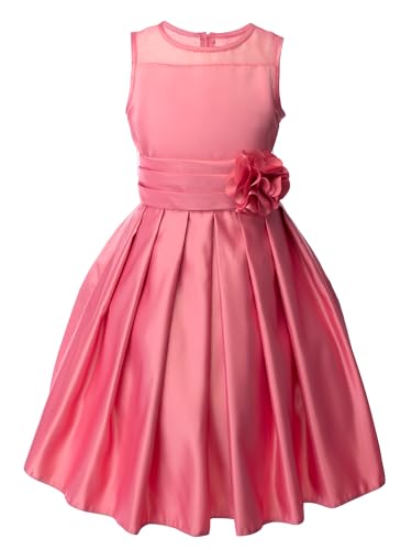 Spring Notion Big Girls Sheer Neckline Satin Tea Length Flower Girl Dress Coral Size 4
