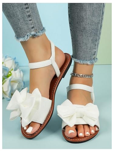 Image of GORGLITTER Women's Bow Flat Sandals 2026 Dressy Cute Ankle Strap Slides | Summer Shoes for Women 2026, Slip On Open Toe Flats, Slingback Slides, Vacation Dress Sandals