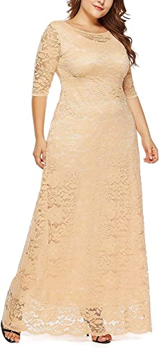 WERTYT Damenkleid in Übergröße mit 2/3 Ärmeln, Maxi-Blumenspitzenkleid mit Taschen, formelles langes Abendkleid mit Reißverschluss für Hochzeit, Cocktail, Party (Beige,XL,XL) Cover