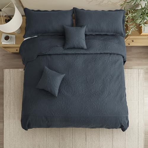 Image of Oversized King Bedspread 128x120 Extra Wide, Embossed Paisley Quilt Set King /Cal King, Lightweight Reversible Coverlet, Scalloped Edge - Deep Classic Look, 5 Piece, Polar Night