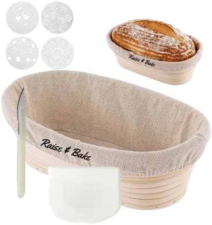 Raise & Bake - Oval Sourdough Proving Basket - Large 10 inch / 25 cm Banneton for up to 500g of Dough- Starter Kit with Lame, Scraper, Liner & Stencil - For Baking & Proofing Artisan Bread