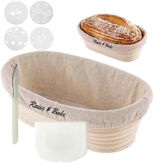 Raise & Bake - Oval Sourdough Proving Basket - Large 10 inch / 25 cm Banneton for up to 500g of Dough- Starter Kit with Lame, Scraper, Liner & Stencil - For Baking & Proofing Artisan Bread