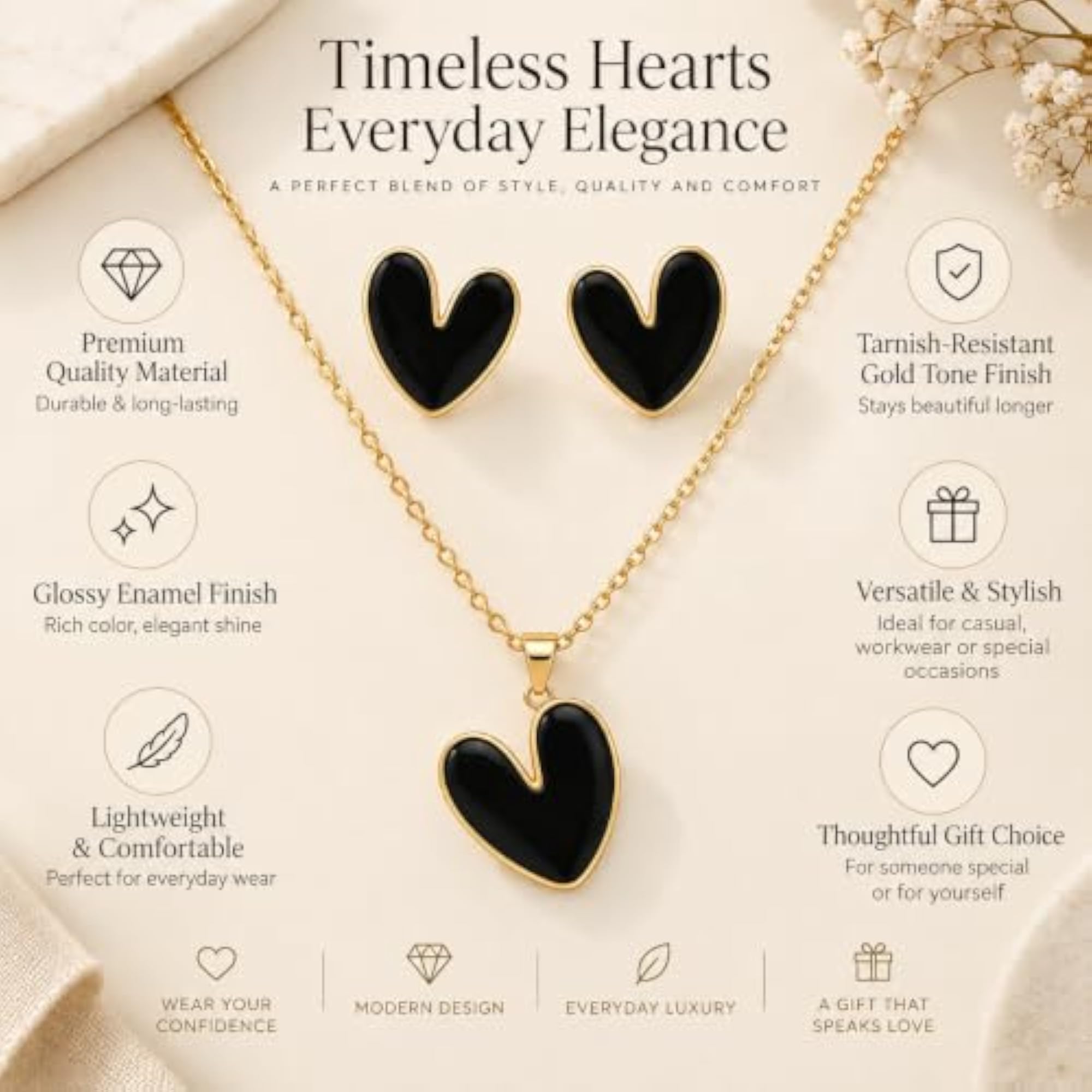 Black Enamel Heart Pendant Necklace and Stud Earrings Set