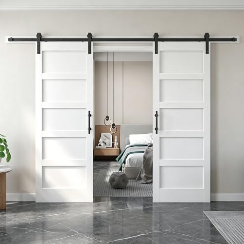 Image of FREDBECK White Barn Door 64x80 (Double 32in x 80in) with Hardware Kit & Handle Included,5-Panel Interior Doors,Water-Proof PVC Surface,Pre-Drilled Holes,Need Assembly
