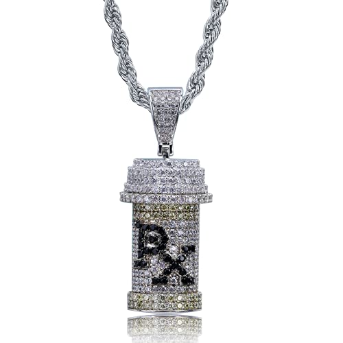 KMASAL Jewelry Hip Hop Capsule Medicine Pill Holder Container Iced Out Zirconia Pendant Cremation Urn Necklace with 24 Inch Stainless Steel Chain (Silver-PX)