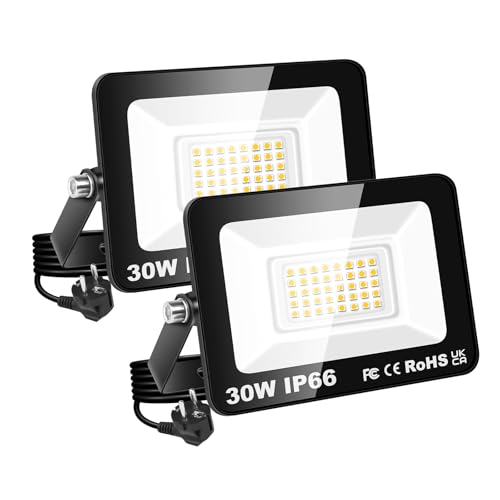 RIGIDON Focos Led Exterior & Interior con Enchufe, 2x 30W 3000 LM Foco de Luz, Proyector LED para Jardín Patio Plaza Garaje Terraza Estadio Trabajo, IP66 Impermeable 3000K Blanco Cálido Iluminacion