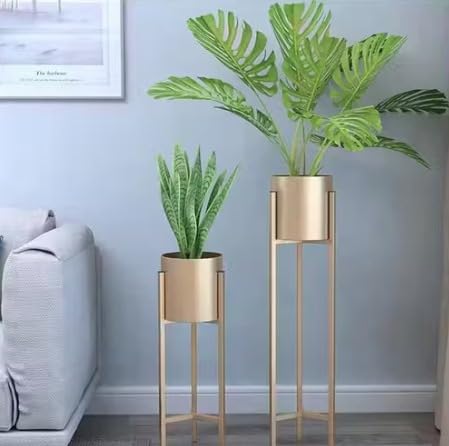 Image of Iron Metal Tall Plant Stand with Pot| Indoor Outdoor Plant Stand| Modern Golden Tall Planter Stand Gold Gold [ Set of 2 ]