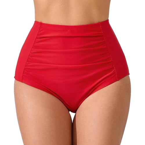 JOYBIK Women's High Waisted Ruched Bikini Bottoms Full Coverage Swim Bottoms Tummy Control Swimsuits Bottoms Red L