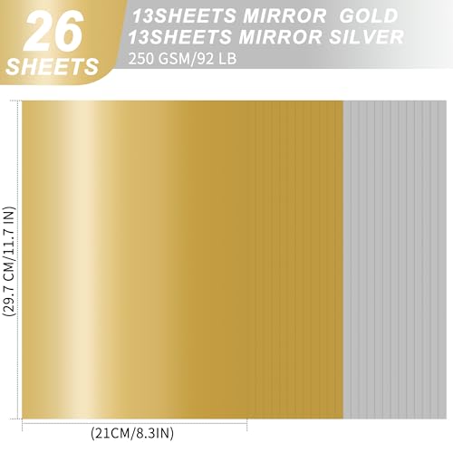 A4 Goldener & Silberner Spiegelkarton – 26 Blatt (13 Gold + 13 Silber), 250 g/m², metallisch reflektierendes Papier für Bastel- und Dekorationszwecke UAP19MX26
