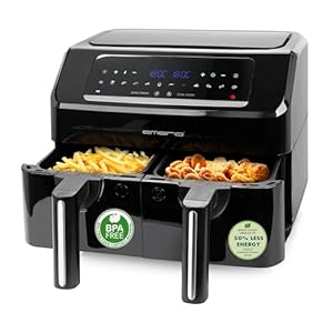 Emerio AF-130376.1 Digitale dubbele airfryer, frituren met hete lucht zonder extra olie, 2 x 3,6 l volume, 12 programma’s, BPA-vrij, SYNC FINISH-functie (beide tegelijkertijd klaar)