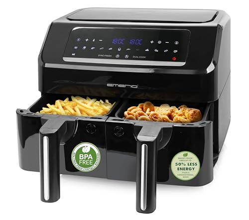 Emerio AF-130376.1 Digitale dubbele airfryer, frituren met hete lucht zonder extra olie, 2 x 3,6 l volume, 12 programma's, BPA-vrij, SYNC FINISH-functie (beide tegelijkertijd klaar)