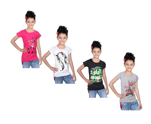 Image of indi weaves Girls Pure Cotton Chest Printed Half Sleeves Round Neck T-Shirts (Pack of 4)