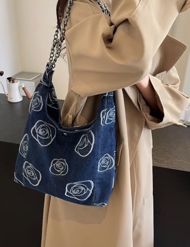 Denim Hobo Tote Bag for Women，Jean Casual Shoulder Purse with Floral Pattern、Chain Strap2