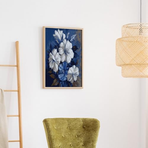 Kits de arte de diamantes para adultos y principiantes con flores azules y blancas 6