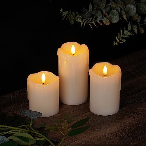 Image of Homemory Dripping Wax Flameless LED Pillar Candles, Battery Operated with Remote Control and Timer, Set of 3, 5 inch H x 4 inch W x 6 inch D