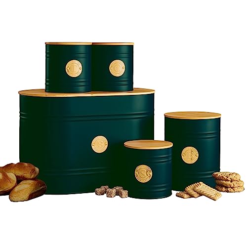 Neo Home Scandi Bamboo Wood Lid and Matt Finish Badge 5 Kitchen Countertop Canisters Jars Tins Set Tea Coffee Sugar Biscuit Bread Bin Box Food Storage Organiser (Emerald Green)