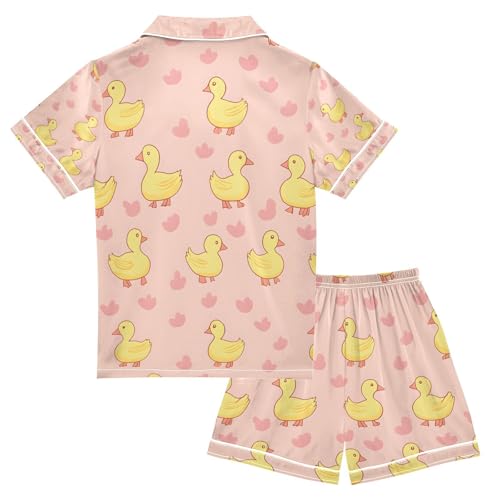 senya Yellow Duck Heart O Satin Summer Pajama Sets Silk Short Sleeve Button Down Sleepwear2