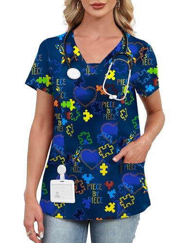AKEWEI Womens Scrub Tops V Neck Puzzle Print Nursing Uniform Awareness Medical Scrub Shirts Blue Puzzle Printed XL