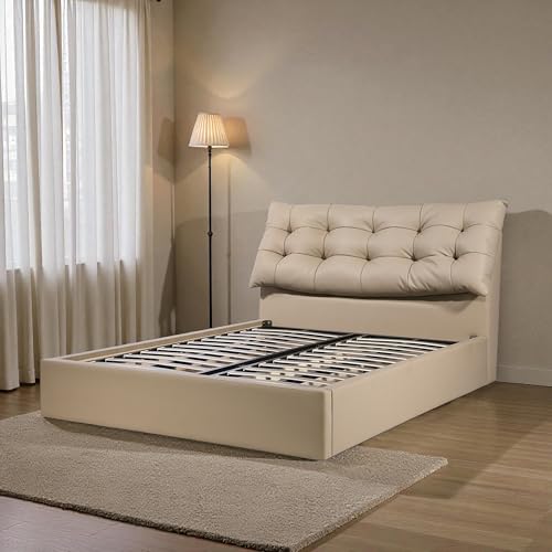 Image of The Attic Kona Queen Size Hydraulic Lift Storage Bed with Tufted Headboard Khakhi Beige