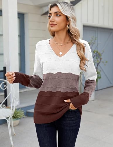 Zeagoo Womens Sweaters Fall Casual Long Sleeve V Neck Shirts Lightweight Crochet Ribbed Knit Pullover Tops Outfits2