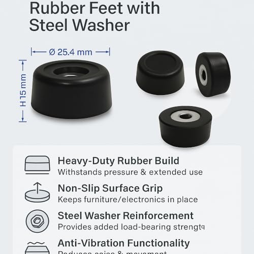 Image of Penn Elcom Small Black Bold Rubber Feet with Steel Washer - Set of 4 | Heavy-Duty Rubber Bumper Pads for Furniture & AV Gear | Anti-Vibration, Non-Slip for Floor Protection (O - 25.4mm, H - 15mm)