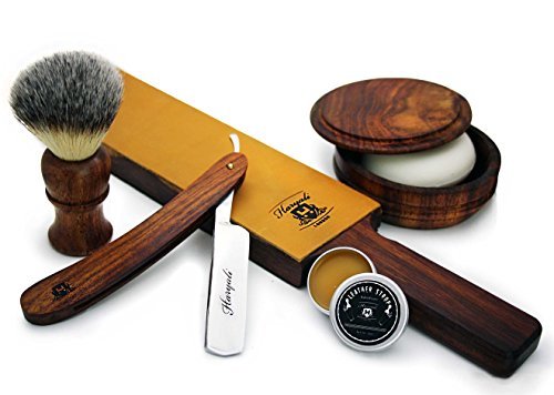Shaving Brush,Leather Strop, Wooden Bowl,Soap & Leather Strop Paste.