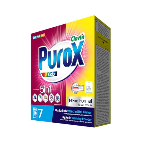 PUROX COLOR Waschpulver im Karton (7 Waschladungen) – Waschmittel für farbige Textilien, entfernt Flecken, umweltfreundlich, schutz vor Kalkablagerungen, 490 g