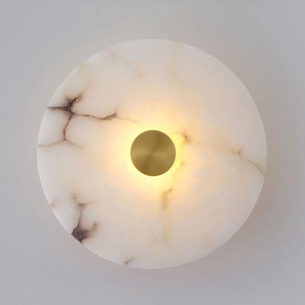 HAIDU 9.8in Round Wall Sconce, LED Warm Light Natural Alabaster Wall Lamp, Nordic Minimalist Style Marble Wall Light, Bedroom Living Room Stairs Decorative Lighting Fixtures