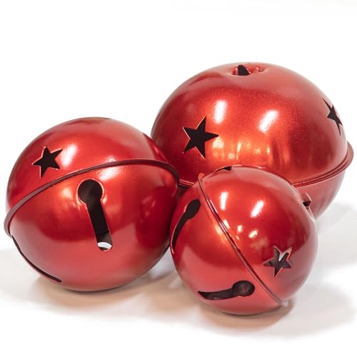 KI Store Oversized Jingle Bells Pearl Red Set of 3 Metal Bells 6-Inch 5-Inch 4-Inch for Christmas Decorations Xmas Tree Garland Wreath Decor