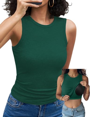 Aottori Tank Top Damen Sommer mit integriertem BH Oberteile Ärmellos Rundhals Basic Tanktop Gerippt Slim Fit Tops Stretch Einfarbig Grün S