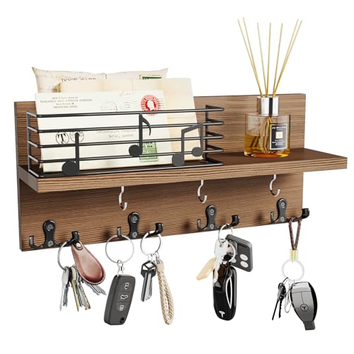 HapiRm Soporte para llaves con decoración de vallas, tablero de llaves con estante y gancho para llaves, tablero de madera adecuado para entrada, puerta de casa, pasillo, dormitorio, oficina, marrón